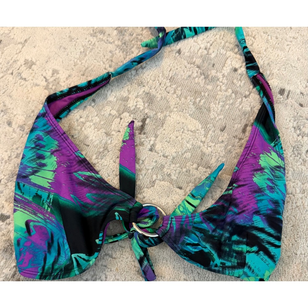 Mudd Vintage Y2K Bikini Set Purple Teal Abstract Tropical Top XL Bottom medium - Picture 2 of 7